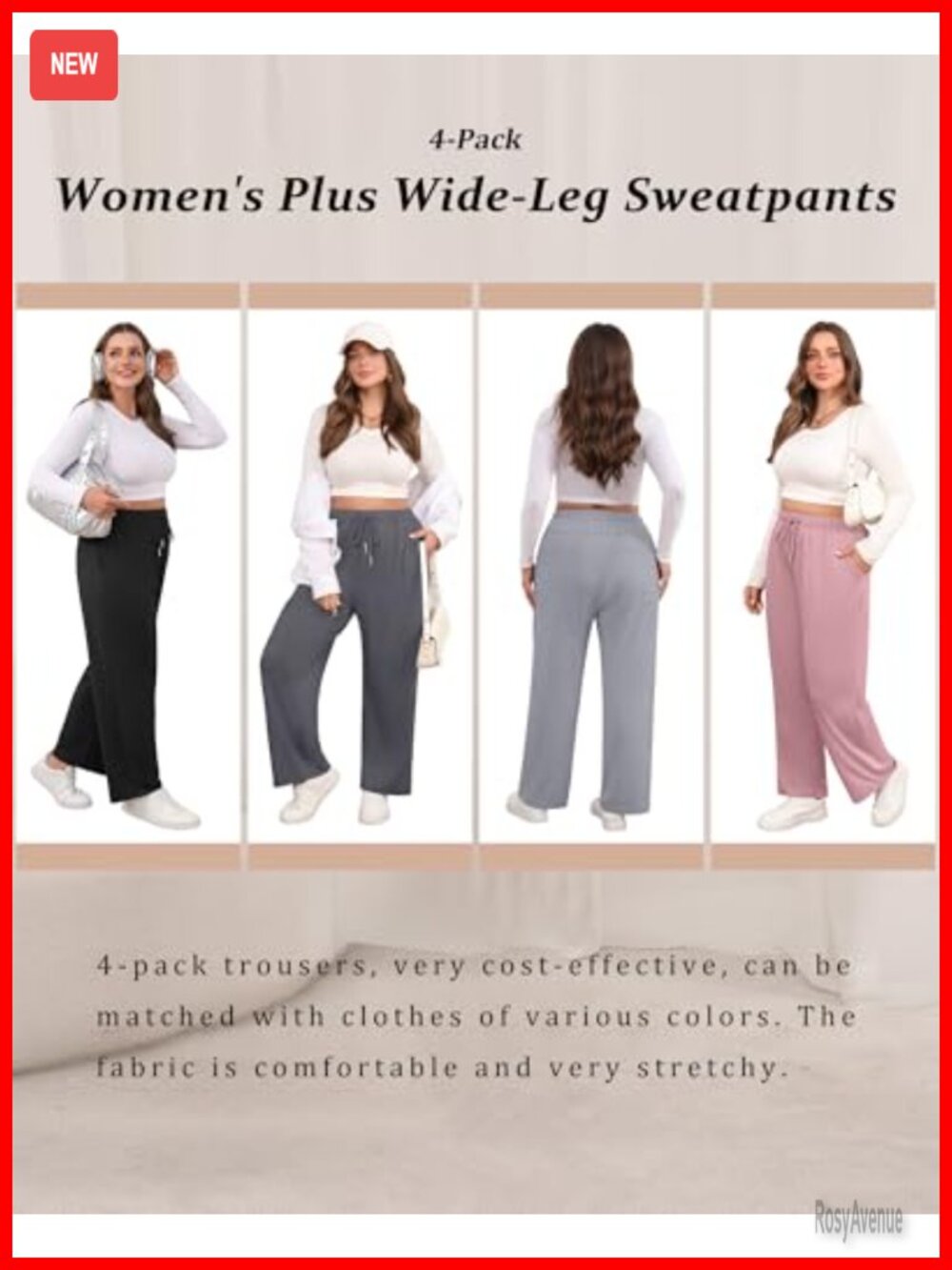 4 Pack Plus Size Wide Leg Sweatpants High Rise Drawstring Pockets - Picture 4 of 6